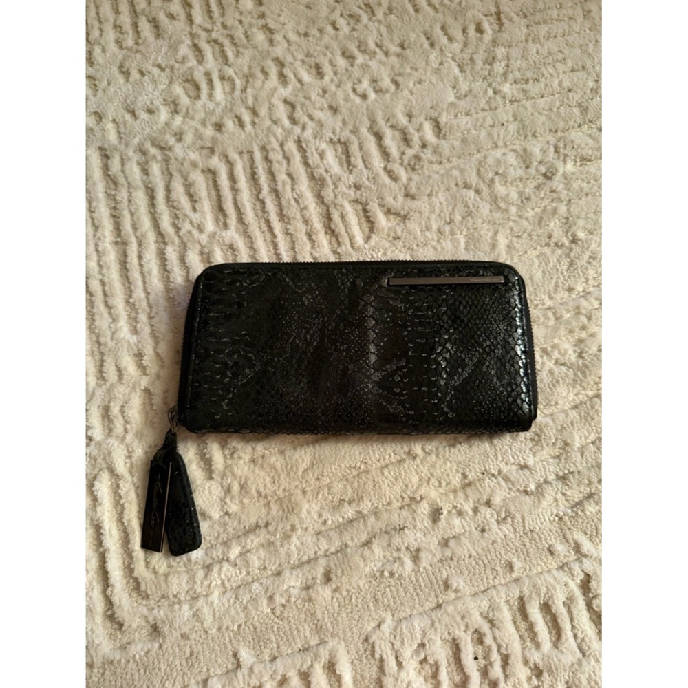 Kenneth Cole Black Snake Embossed Zip Around Wallet Clutch